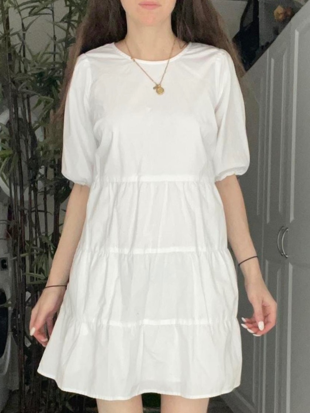 white cottage tiered short sleeve cotton babydoll dress